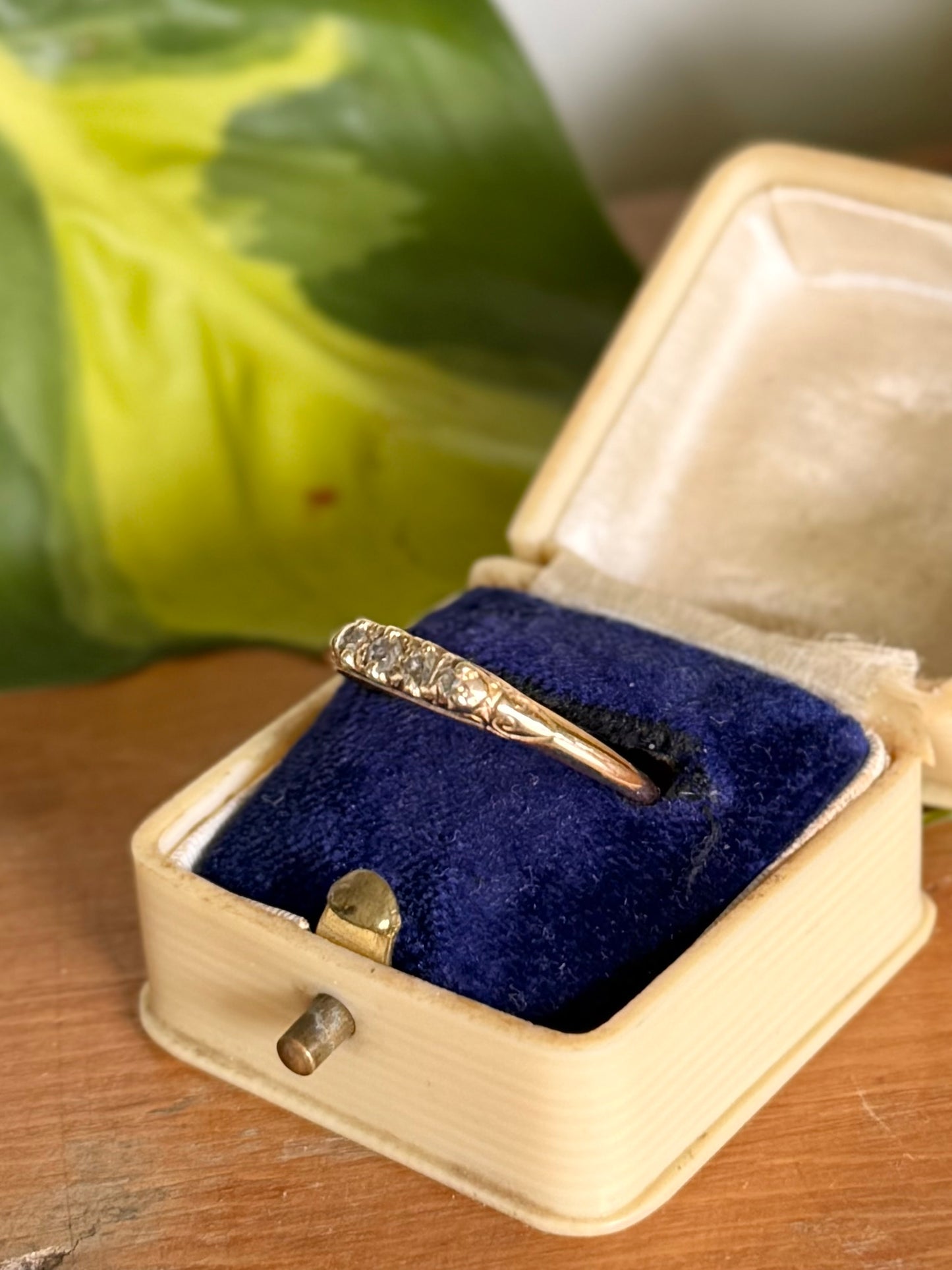 Victorian 18ct Gold Five Diamond Ring with Scroll-Engraved Setting