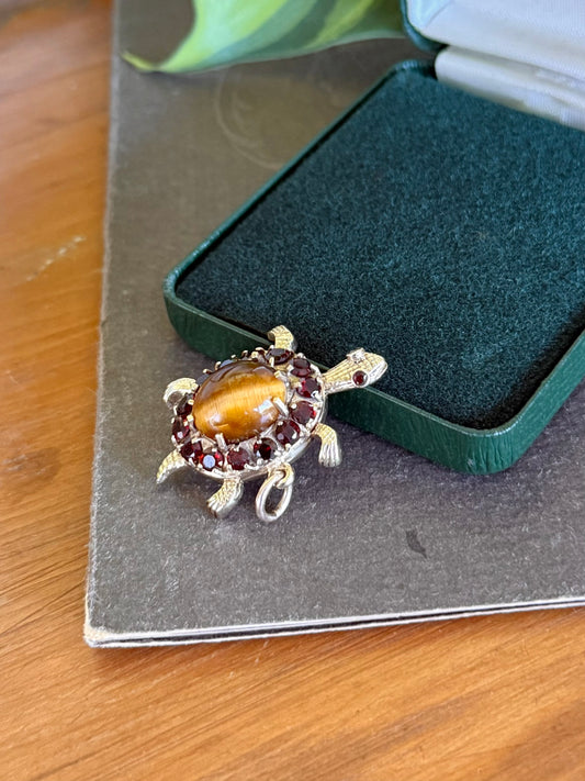 Vintage 9ct Gold Turtle Pendant with Tiger’s Eye & Garnets