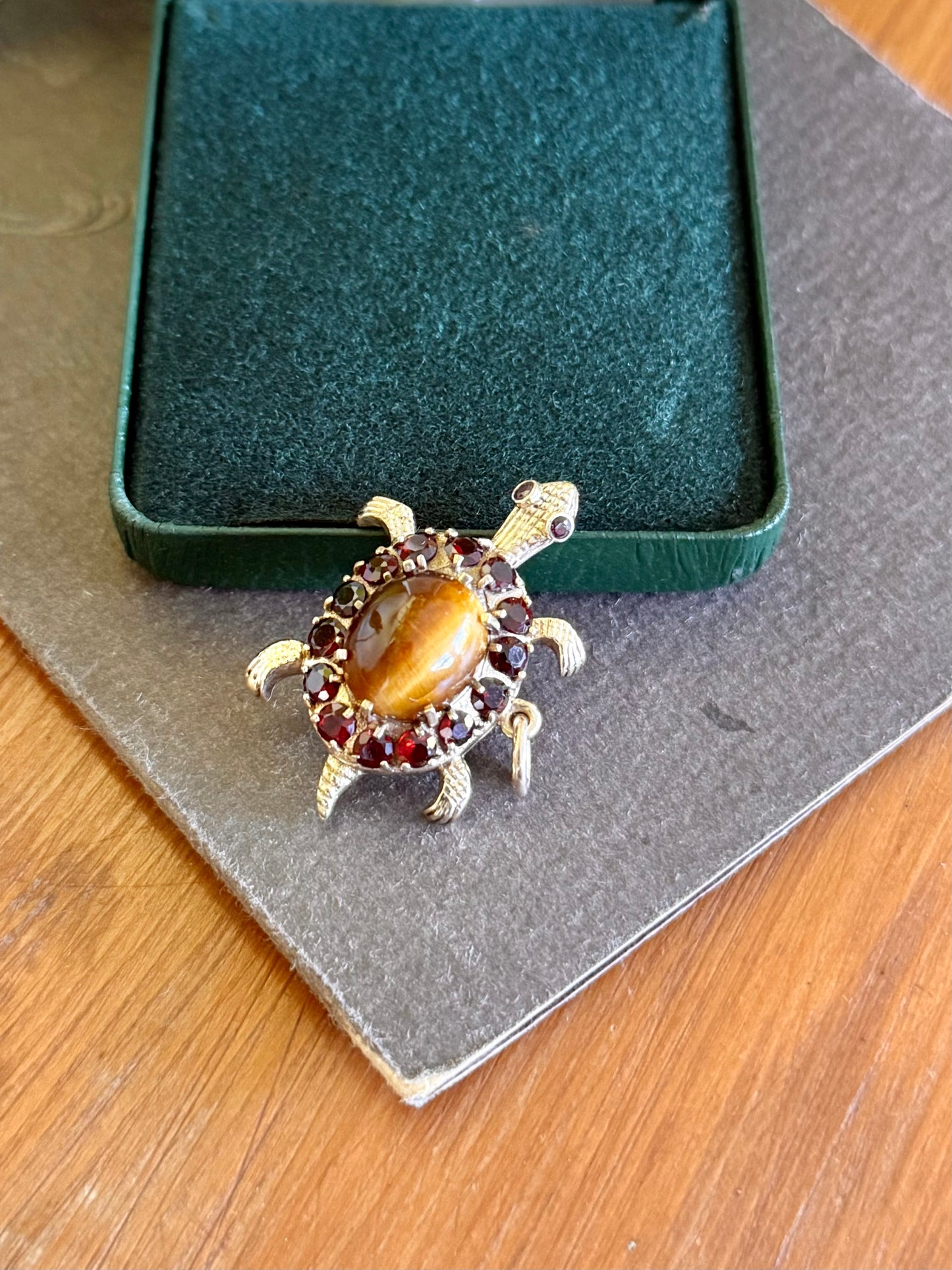Vintage 9ct Gold Turtle Pendant with Tiger’s Eye & Garnets
