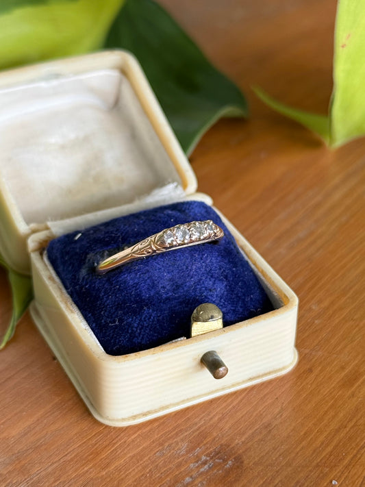 Victorian 18ct Gold Five Diamond Ring with Scroll-Engraved Setting