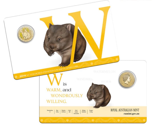 2016 Royal Australian Mint Australian Animal Alphabet 'W' for Wombat $1 Uncirculated Coin on Card
