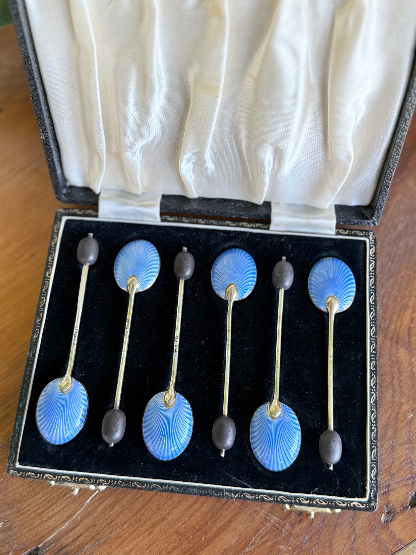 Antique Guilloché Enamel Sterling Silver Coffee Bean Spoon Set | Birmingham 1940