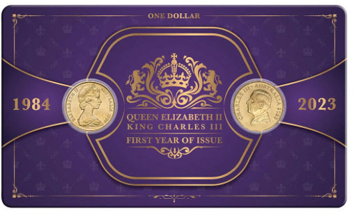 1984 & 2023 Downies First Queen Elizabeth II Effigy & First King Charles III $1 Uncirculated 2 Coin Card