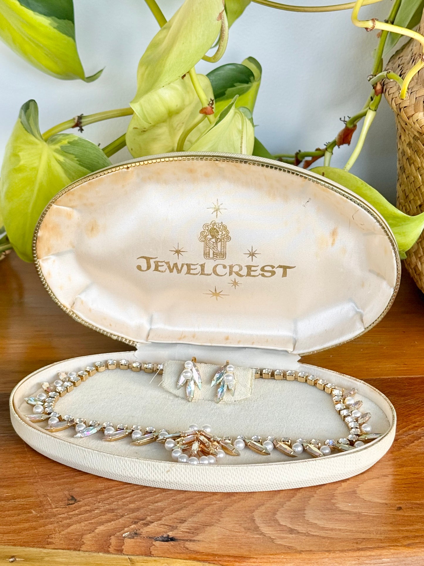 Jewelcrest Necklace & Screw-On Earrings Set | Mid-Century Australian Costume Jewellery with Paste Stones & Faux Pearls in Original Box