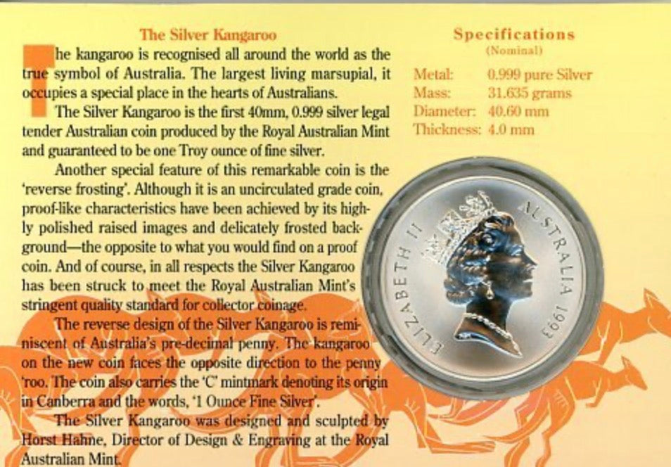 1993 Royal Australian Mint 1oz Silver Kangaroo Coin on Card