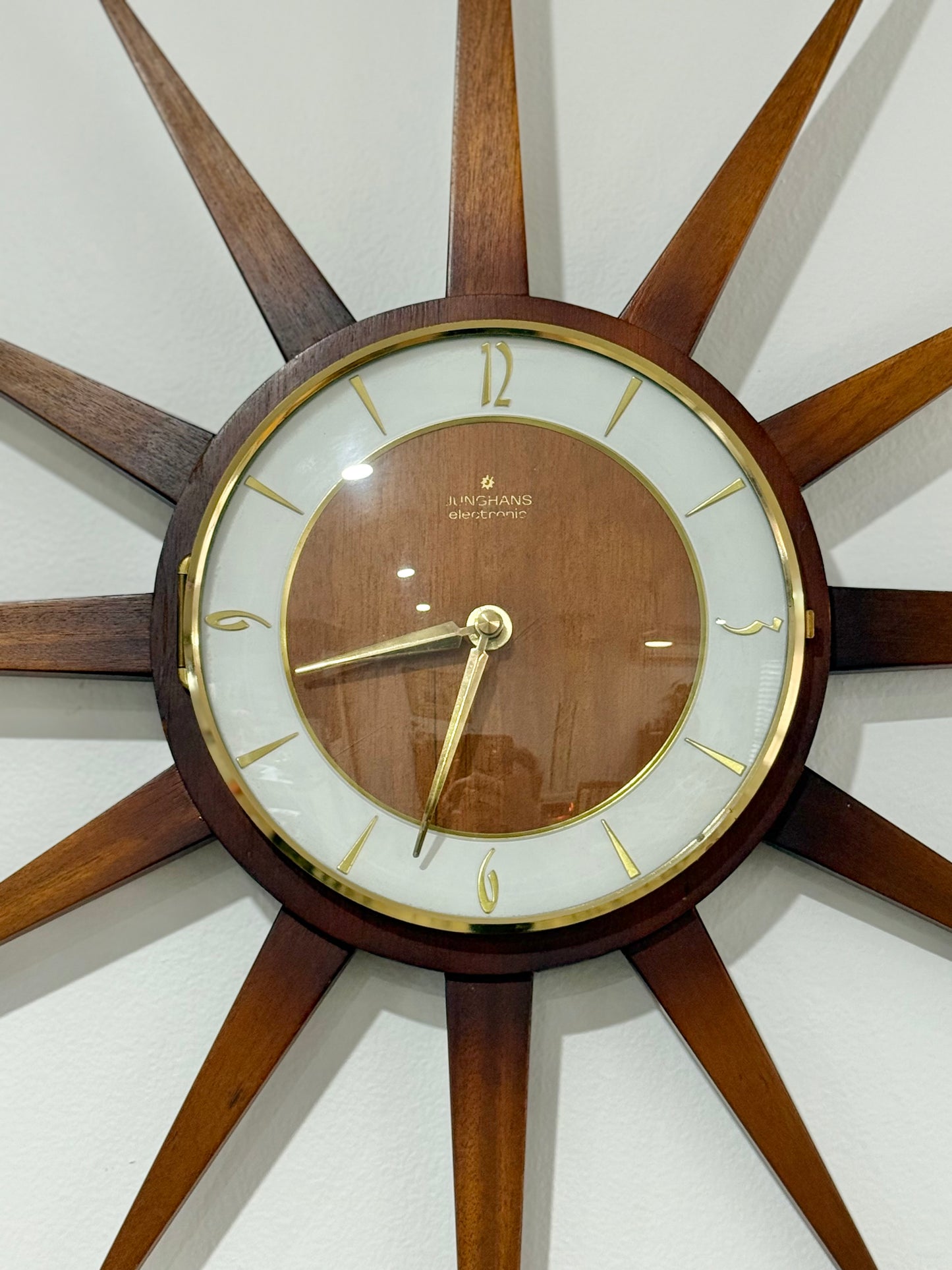 Junghans Mid-Century Starburst Wall Clock | 65cm Teak & Brass, Quartz Movement