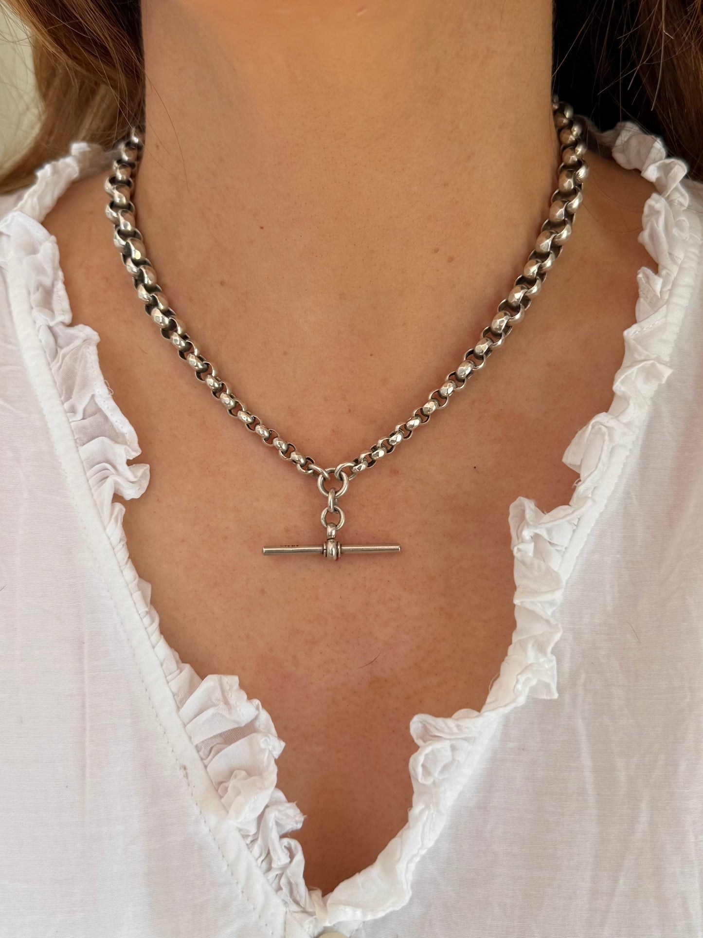 Antique Sterling Silver Graduated Faceted Belcher Fob Chain c1900
