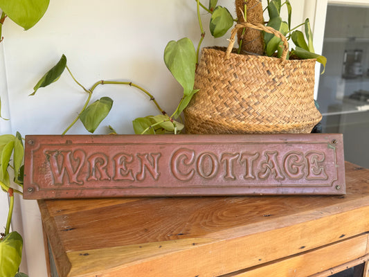 Vintage 1940s Copper House Name Plate Sign – “Wren Cottage” by G.G.