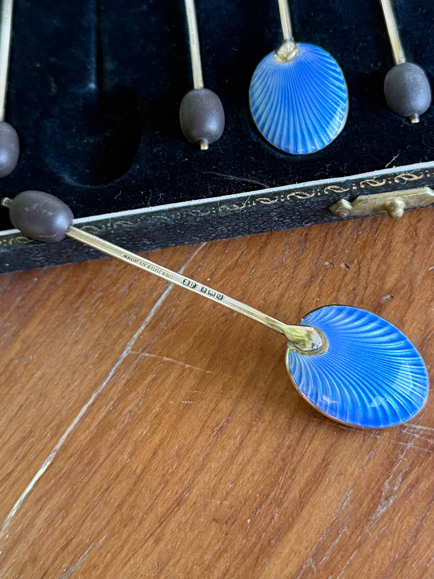 Antique Guilloché Enamel Sterling Silver Coffee Bean Spoon Set | Birmingham 1940
