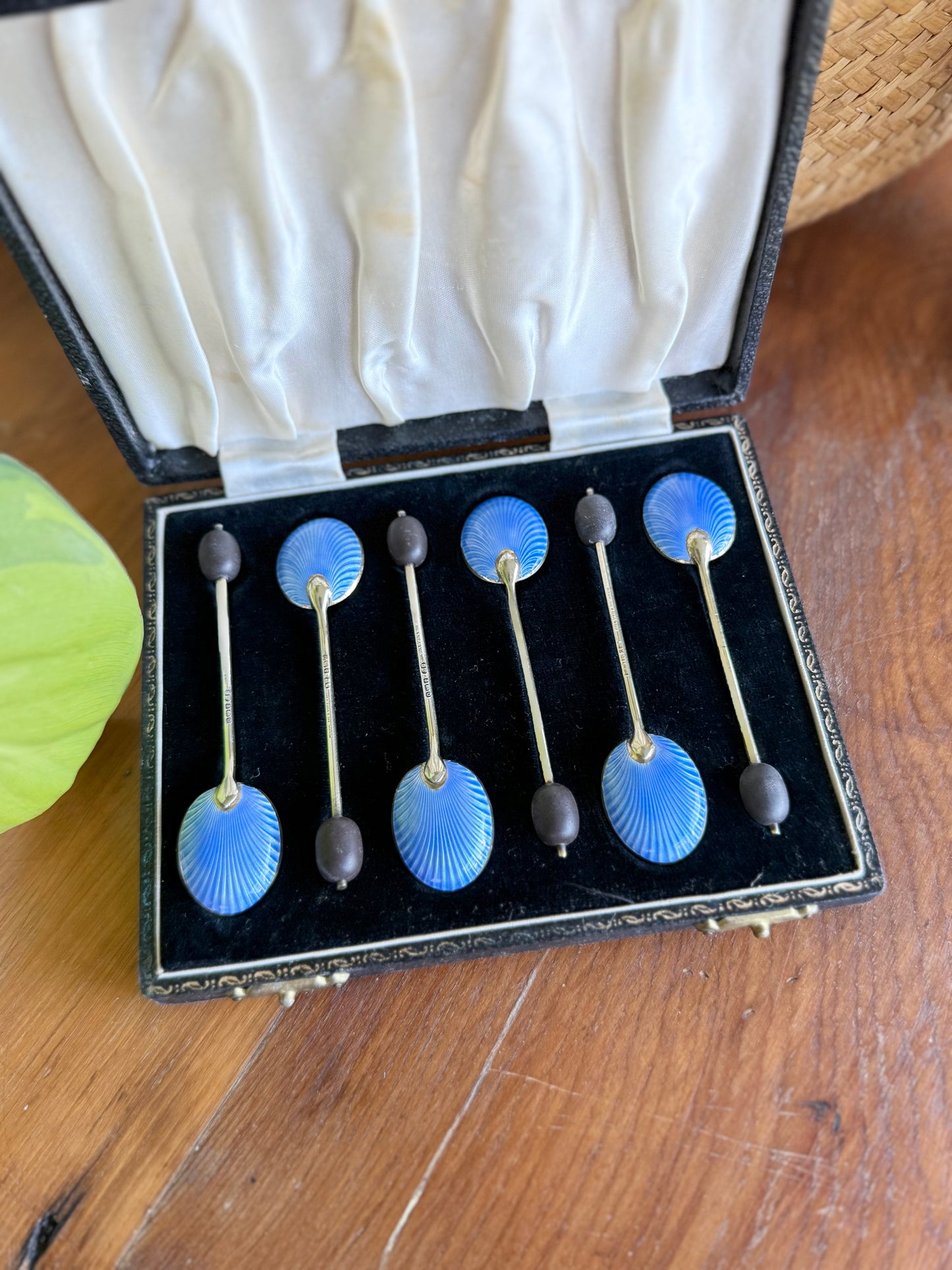 Antique Guilloché Enamel Sterling Silver Coffee Bean Spoon Set | Birmingham 1940