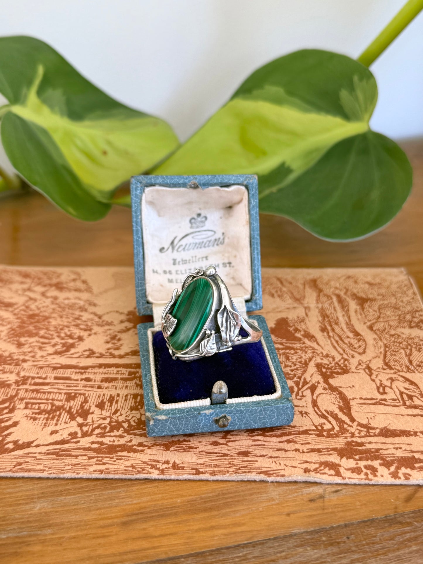 Art Nouveau Style Malachite Floral Ring in Sterling Silver – Size R