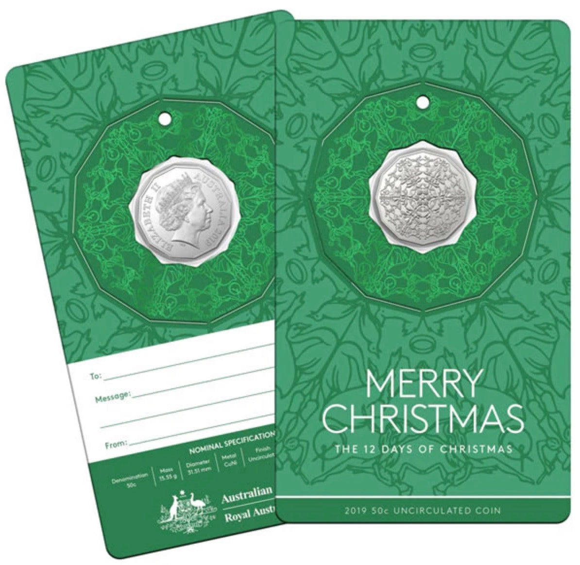 2019 Royal Australian Mint 12 Days of Christmas 5 Coin 50 Cent Set