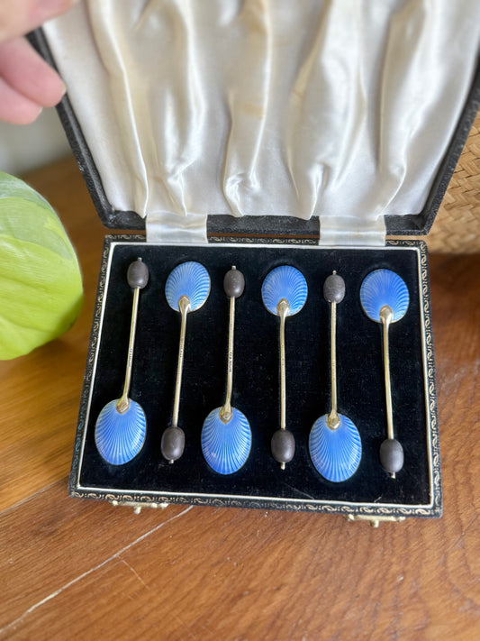 Antique Guilloché Enamel Sterling Silver Coffee Bean Spoon Set | Birmingham 1940