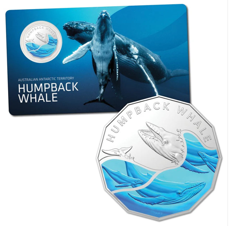 2023 Australian Antarctic Territory Humpback Whale Coloured 50 Cent Coin on Card | Royal Australian Mint