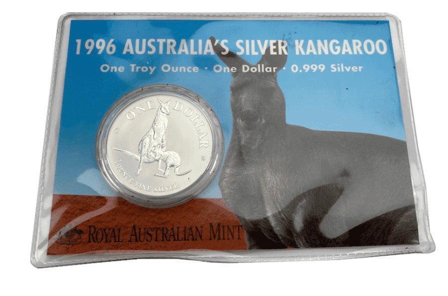 1996 Royal Australian Mint 1oz Silver Kangaroo Coin on Card