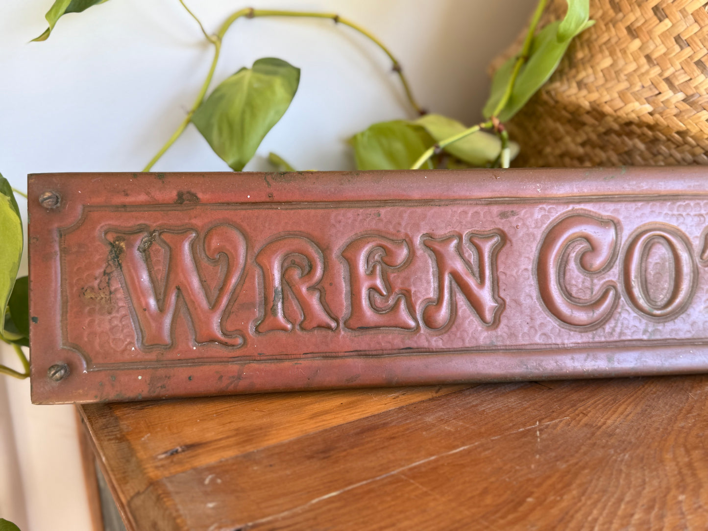 Vintage 1940s Copper House Name Plate Sign – “Wren Cottage” by G.G.