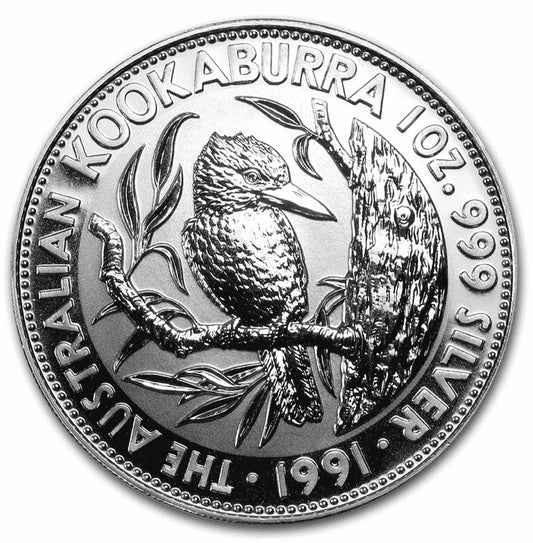 1991 Perth Mint Australian Kookaburra 1oz .999 Silver $5 Coin