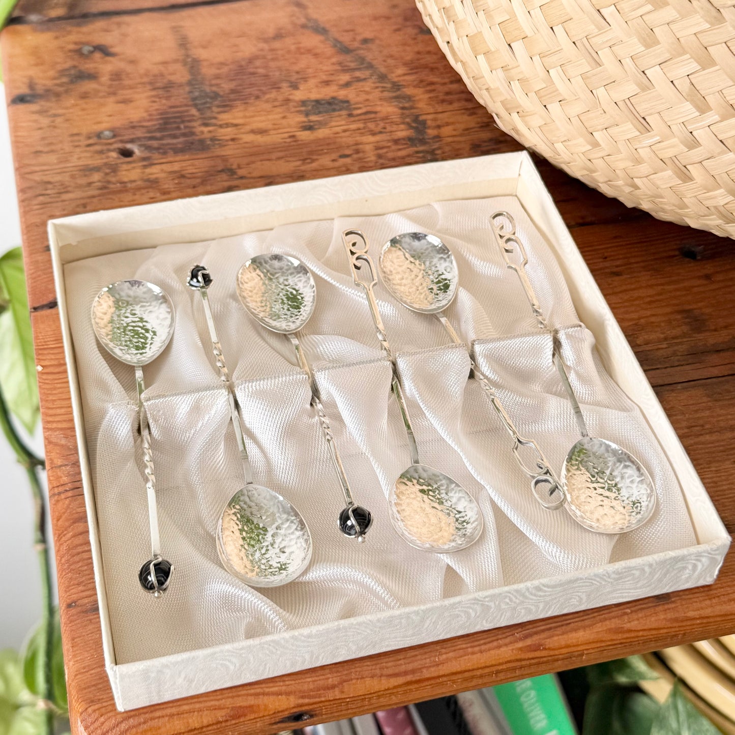 Sterling Silver Sargisons Teaspoon Set | 3 with Glass Finials, 3 with Patterned Handles – Tasmania