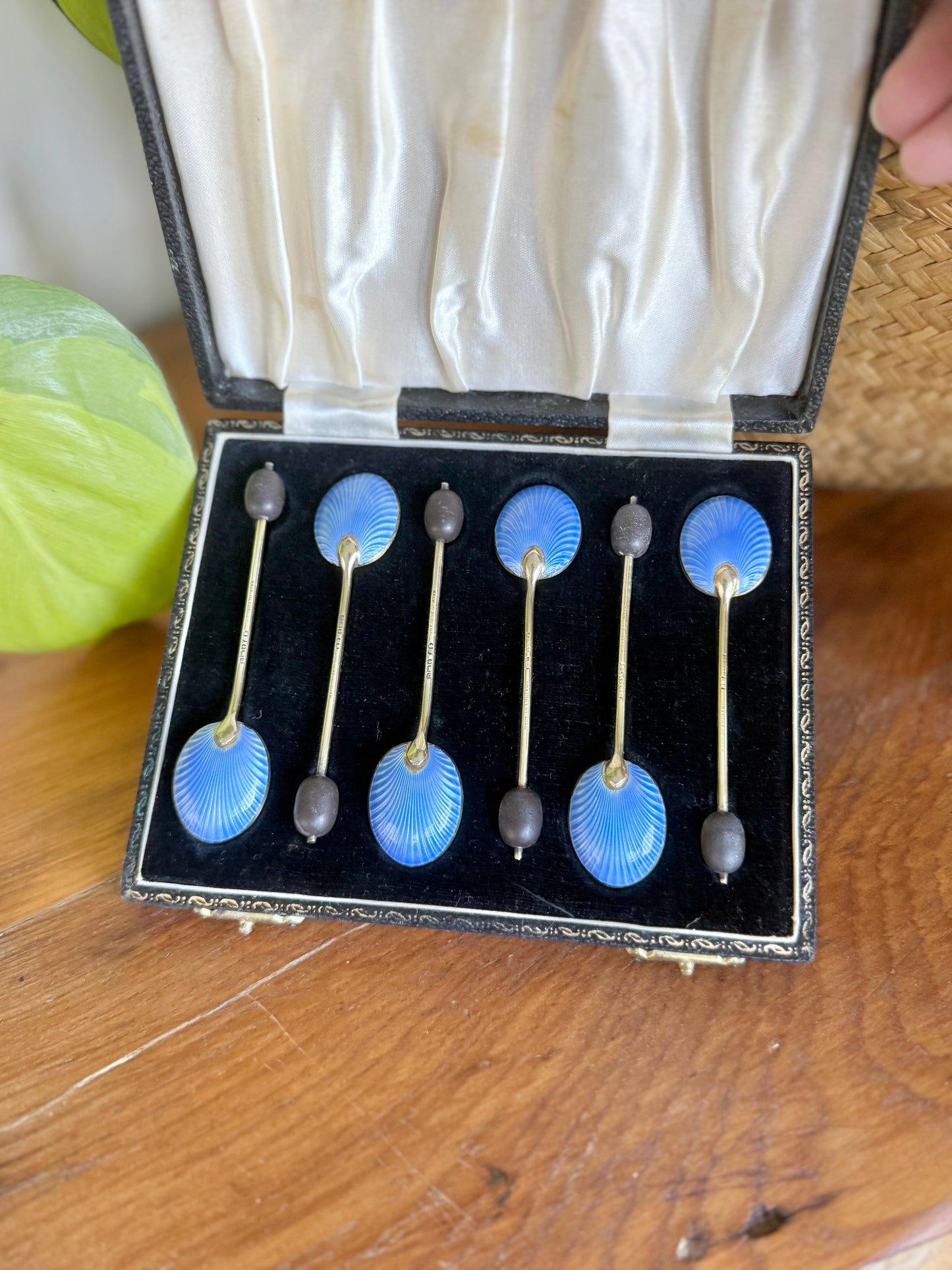 Antique Guilloché Enamel Sterling Silver Coffee Bean Spoon Set | Birmingham 1940