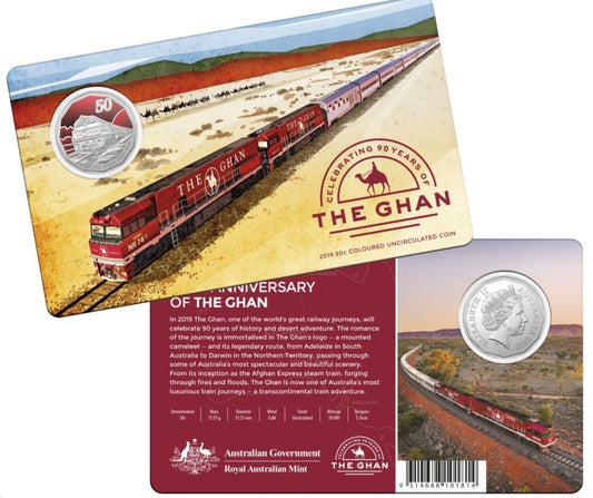 2019 Royal Australian Mint 90 Years of The Ghan Coloured 50 Cent Coin on Card