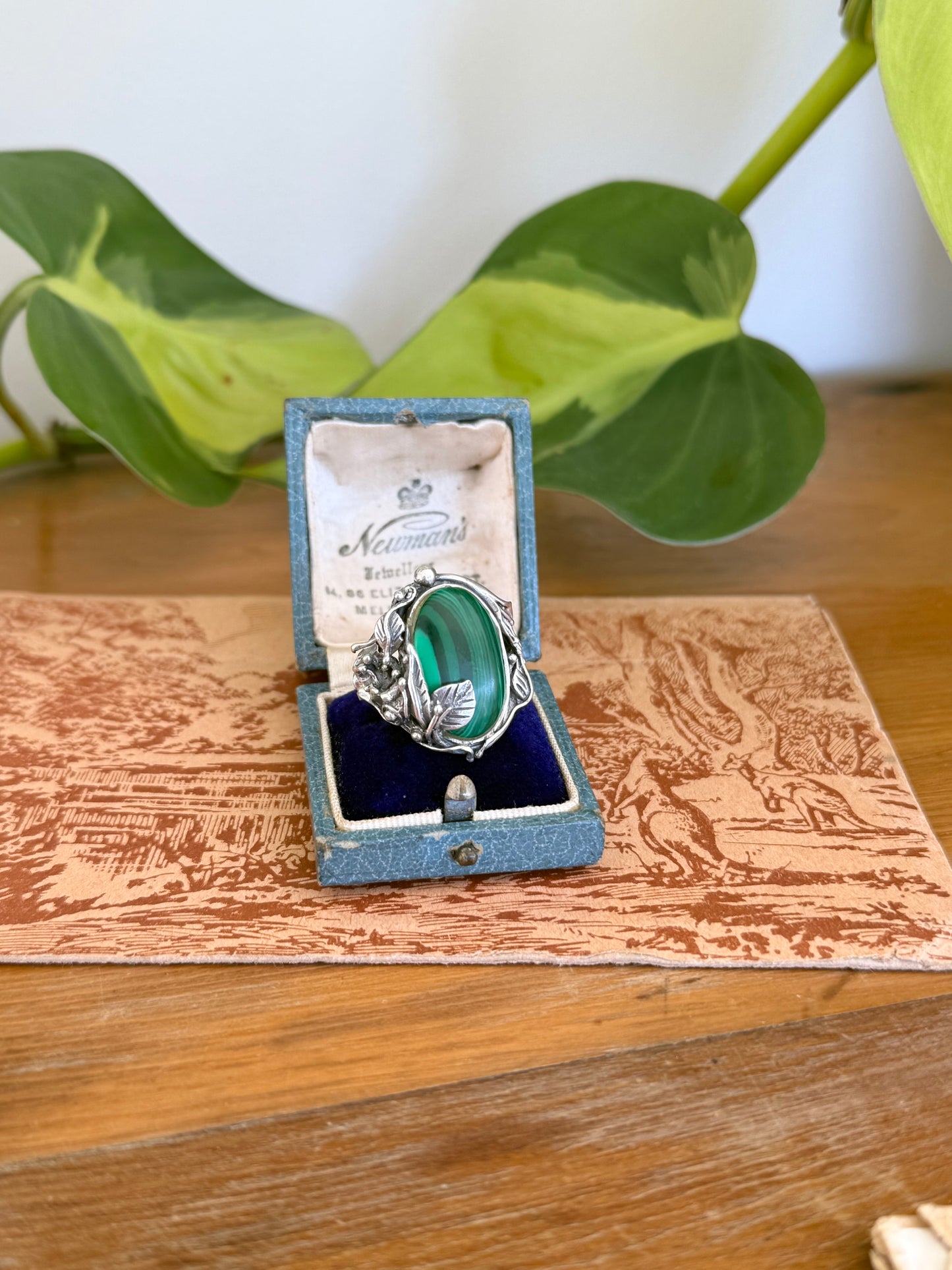 Art Nouveau Style Malachite Floral Ring in Sterling Silver – Size R