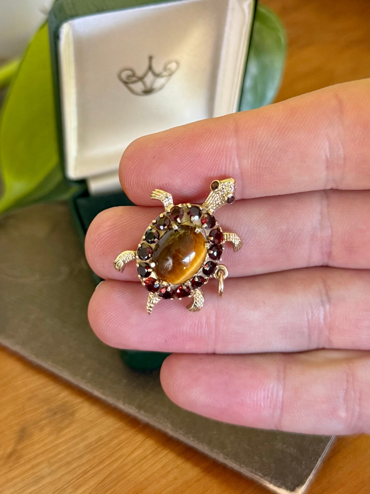 Vintage 9ct Gold Turtle Pendant with Tiger’s Eye & Garnets