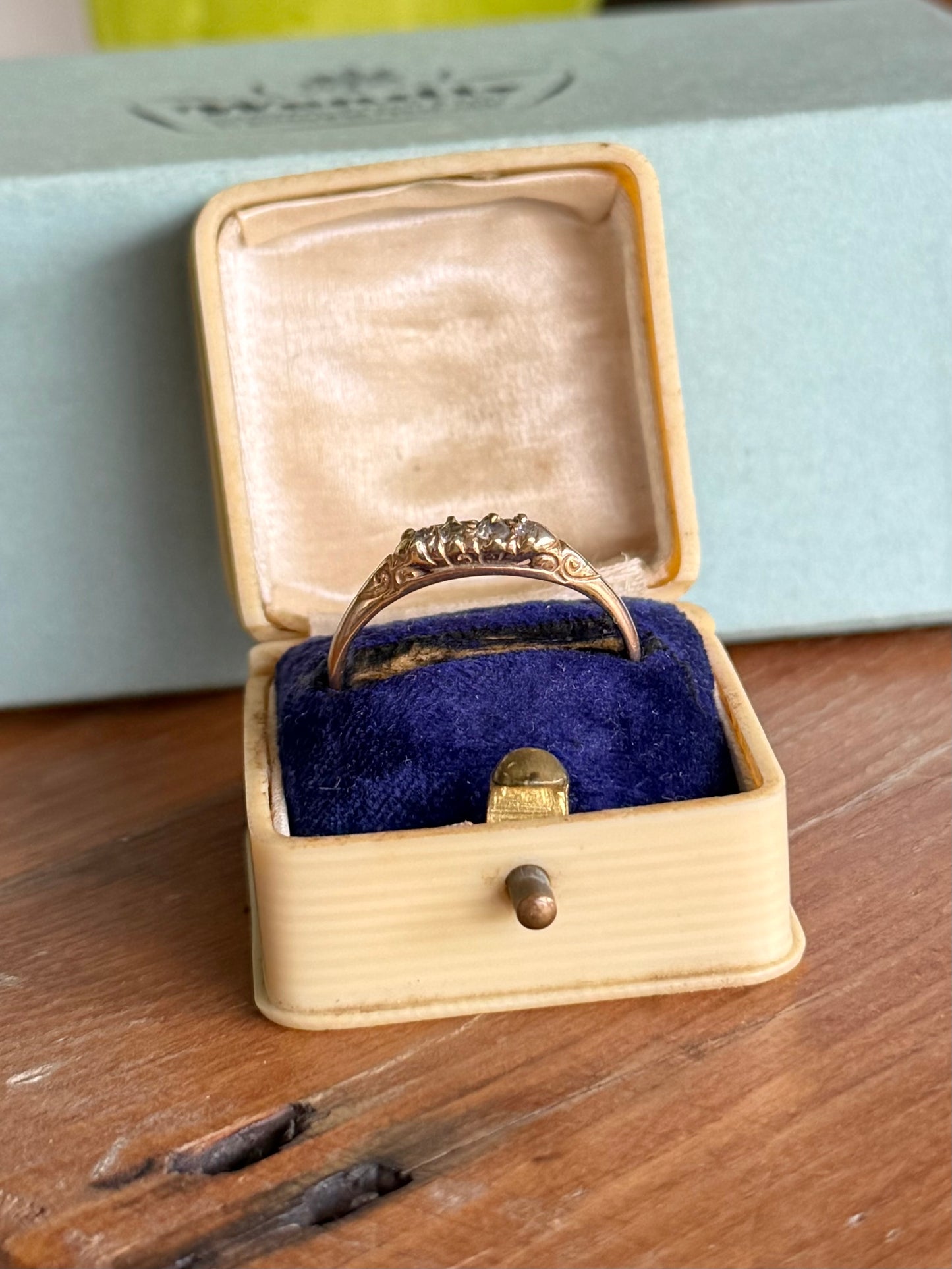 Victorian 18ct Gold Five Diamond Ring with Scroll-Engraved Setting