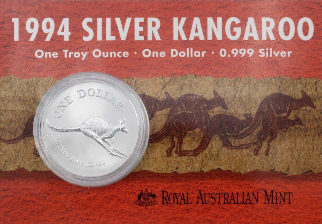 1994 Royal Australian Mint 1oz Silver Kangaroo Coin on Card