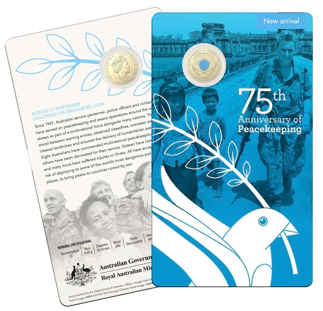 2022 Royal Australian Mint 75th Anniversary of Peacekeeping $2 'C' Mintmark Coloured Uncirculated Coin on Card