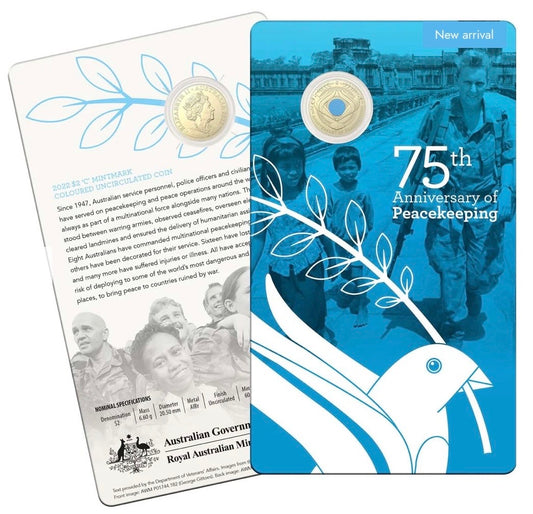 2022 Royal Australian Mint 75th Anniversary of Peacekeeping $2 'C' Mintmark Coloured Uncirculated Coin on Card