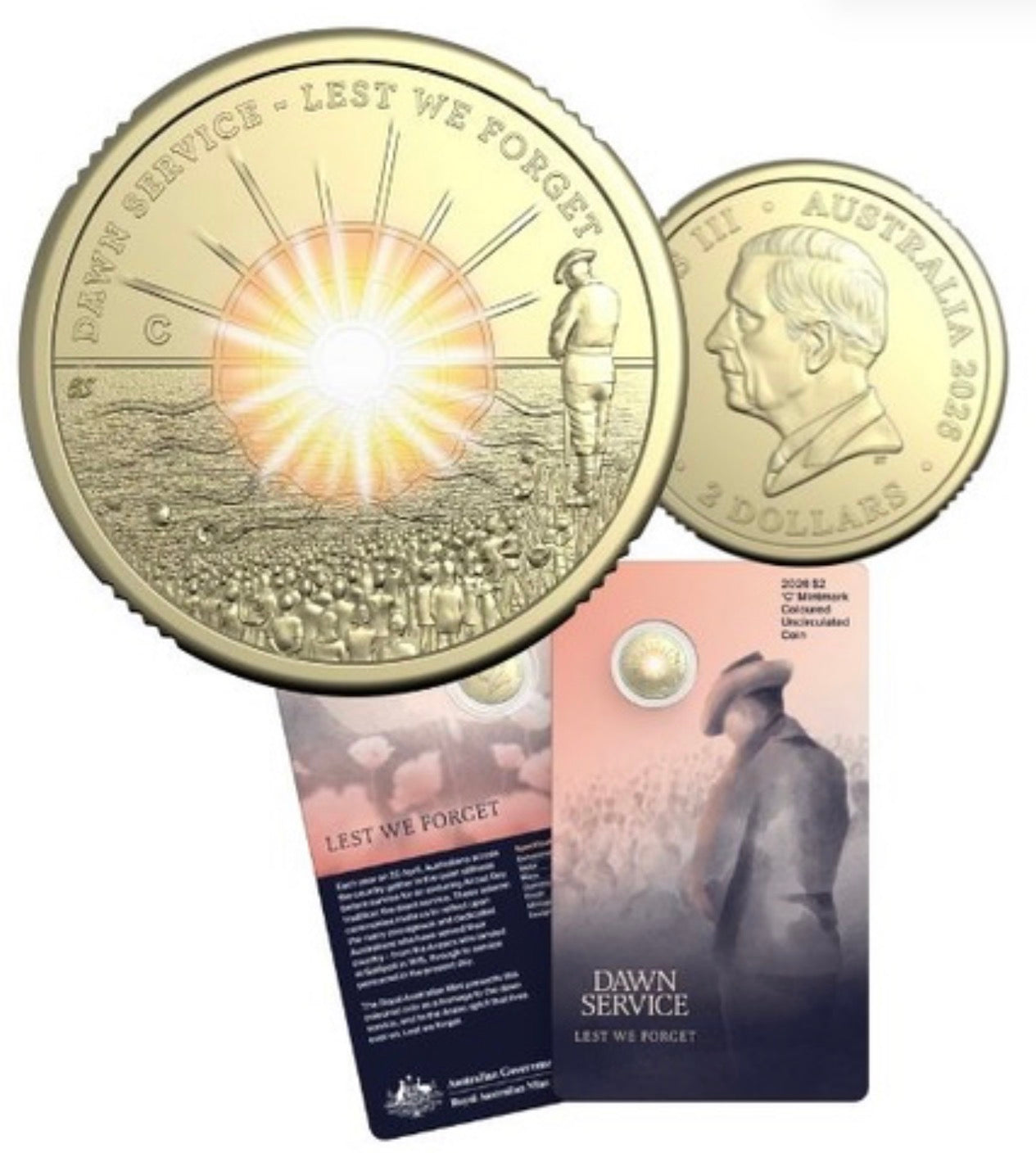 2026 Royal Australian Mint Lest We Forget: Dawn Service $2 'C' Mintmark Coloured Uncirculated Coin on Card