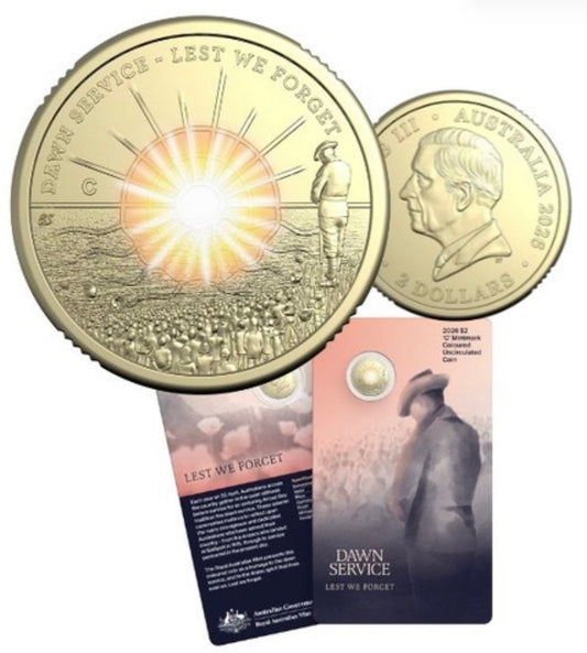 2026 Royal Australian Mint Lest We Forget: Dawn Service $2 'C' Mintmark Coloured Uncirculated Coin on Card