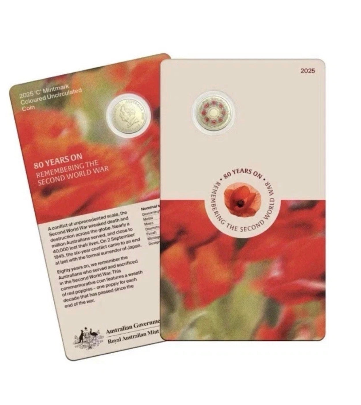 2025 80 Years Remembering WWII Wreath 'C' Mintmark $2 Coin on Card | Royal Australian Mint