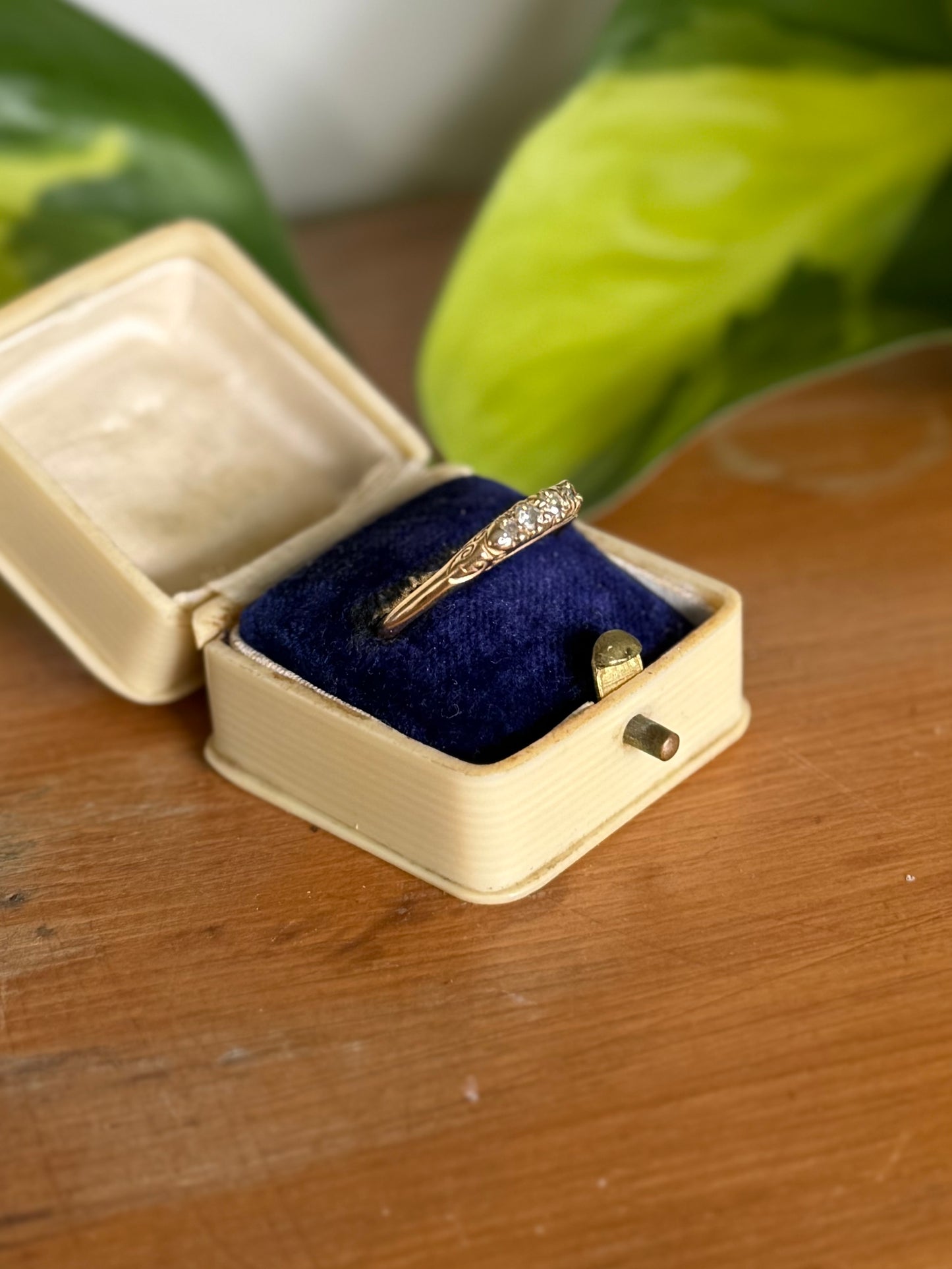 Victorian 18ct Gold Five Diamond Ring with Scroll-Engraved Setting