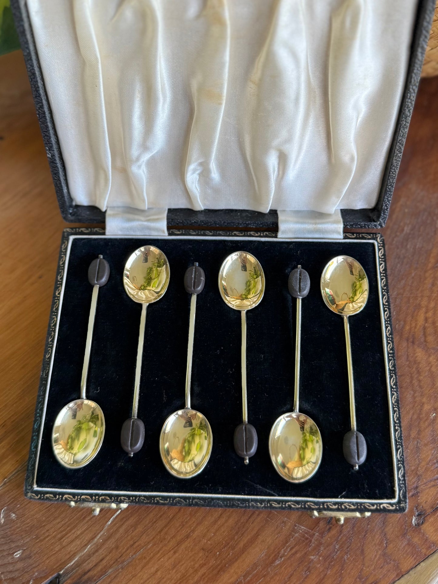 Antique Guilloché Enamel Sterling Silver Coffee Bean Spoon Set | Birmingham 1940