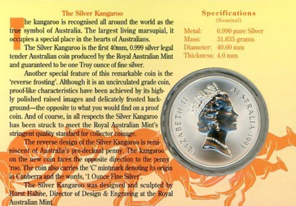 1994 Royal Australian Mint 1oz Silver Kangaroo Coin on Card