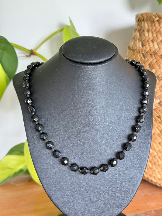 Faceted French Jet Necklace with Sterling Silver Fixings