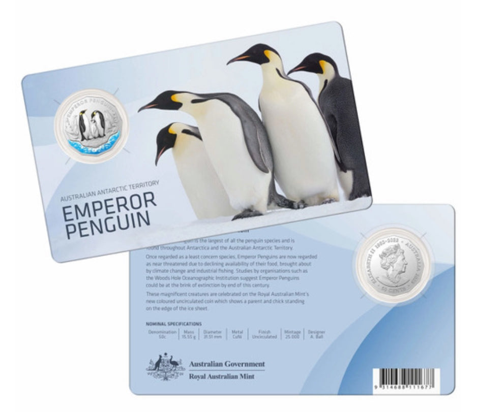 2024 Australian Antarctic Territory Emperor Penguin Coloured 50 Cent Coin on Card | Royal Australian Mint