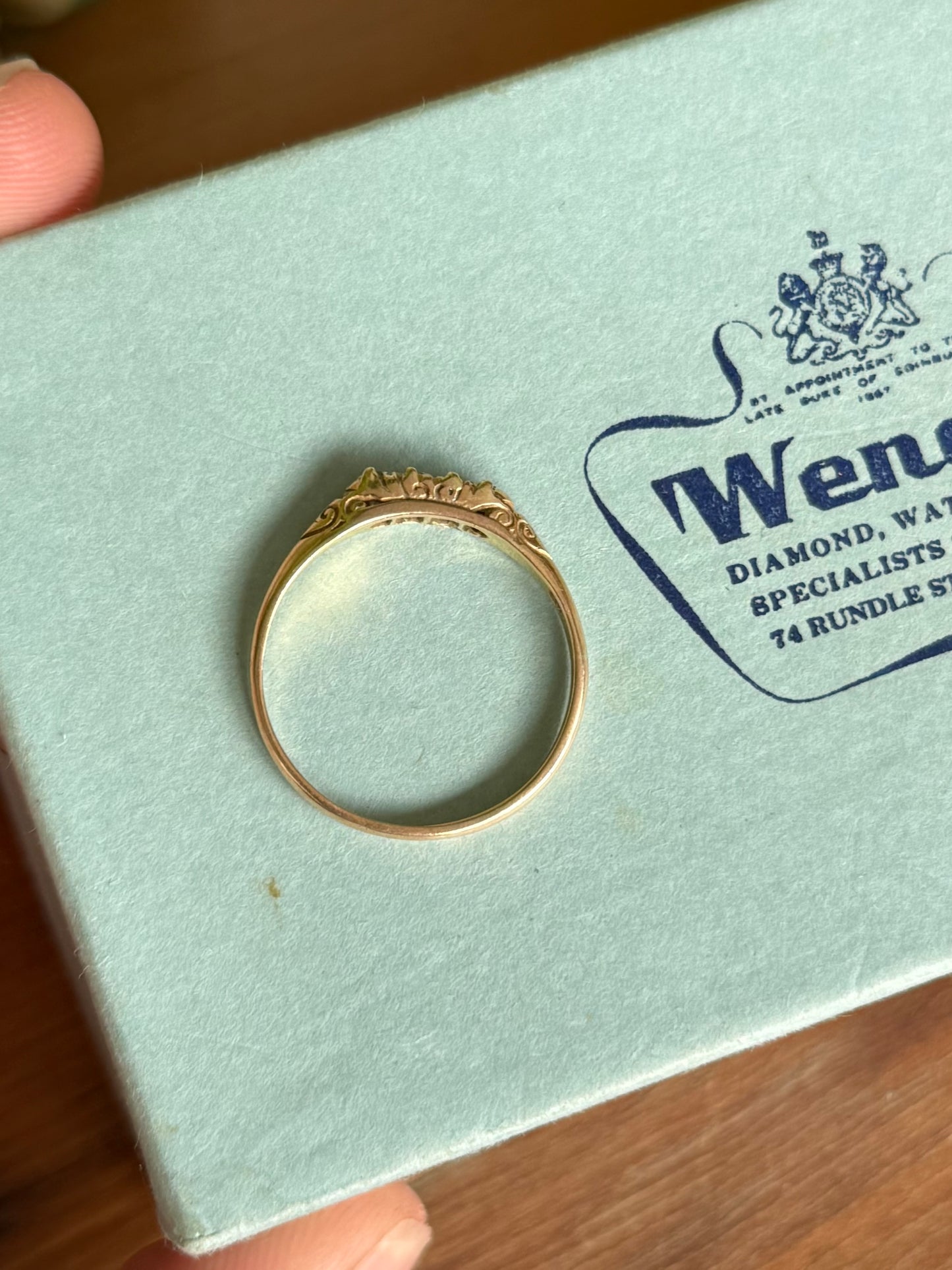 Victorian 18ct Gold Five Diamond Ring with Scroll-Engraved Setting