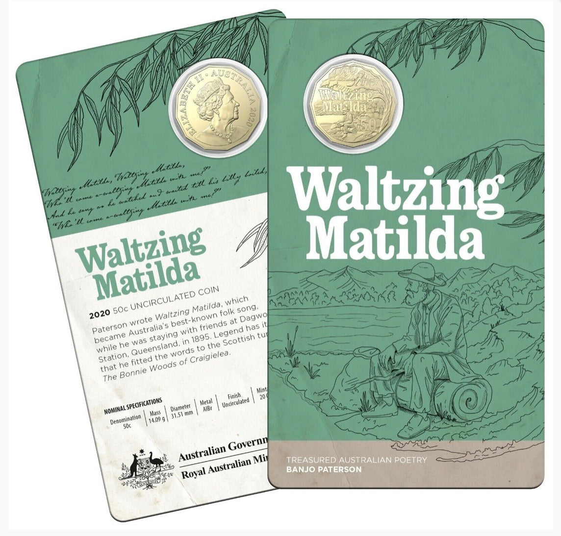 2020 Waltzing Matilda Banjo Paterson 50 Cent Coin on Card