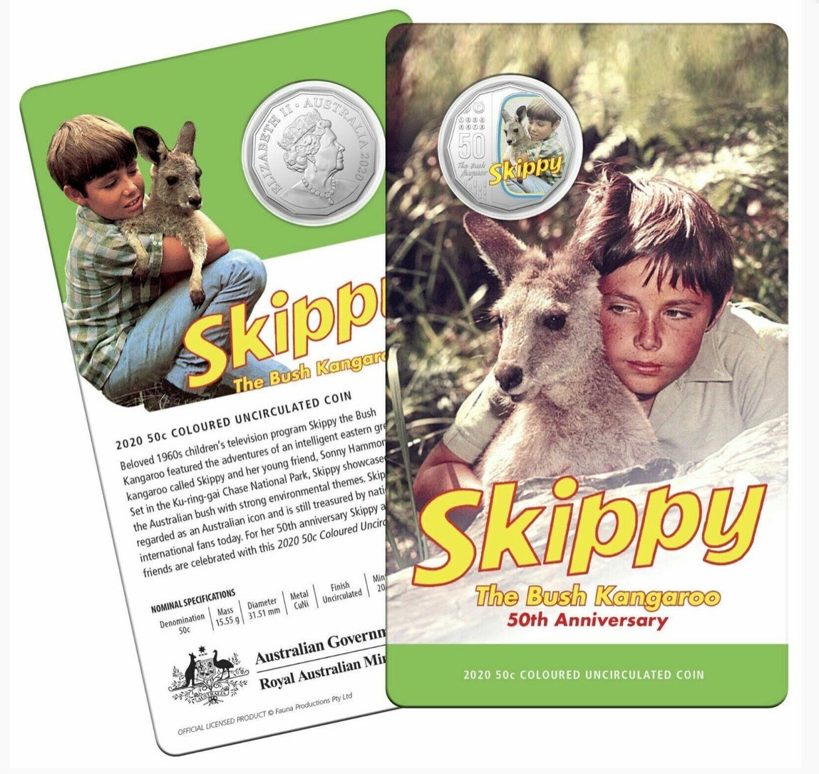 2020 Skippy the Bush Kangaroo Coloured 50 Cent Coin on Card