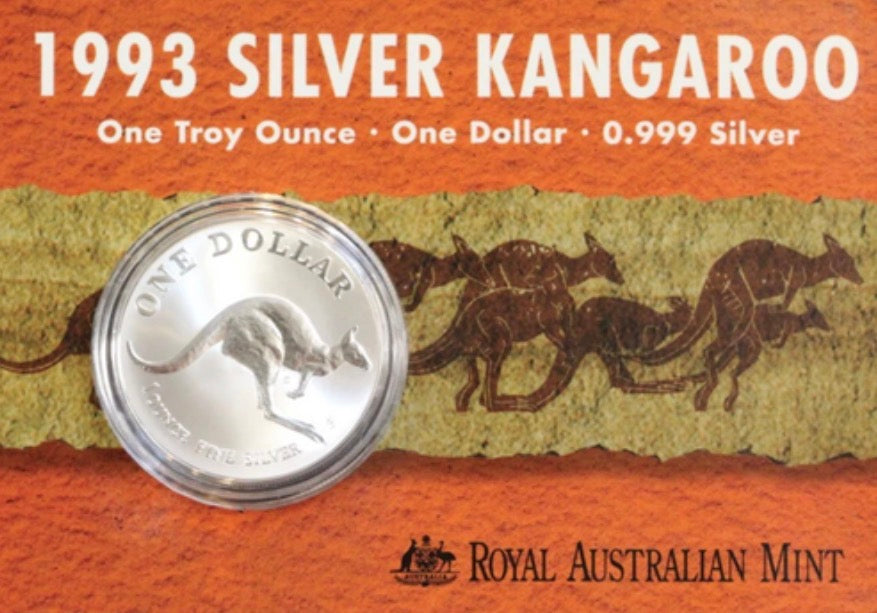 1993 Royal Australian Mint 1oz Silver Kangaroo Coin on Card