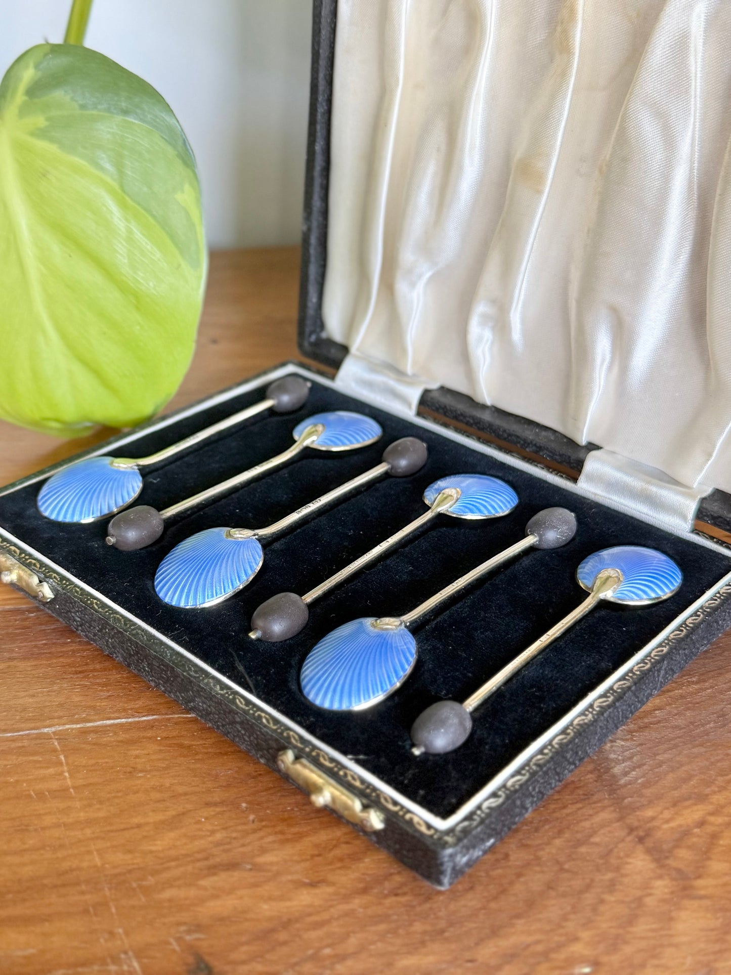 Antique Guilloché Enamel Sterling Silver Coffee Bean Spoon Set | Birmingham 1940