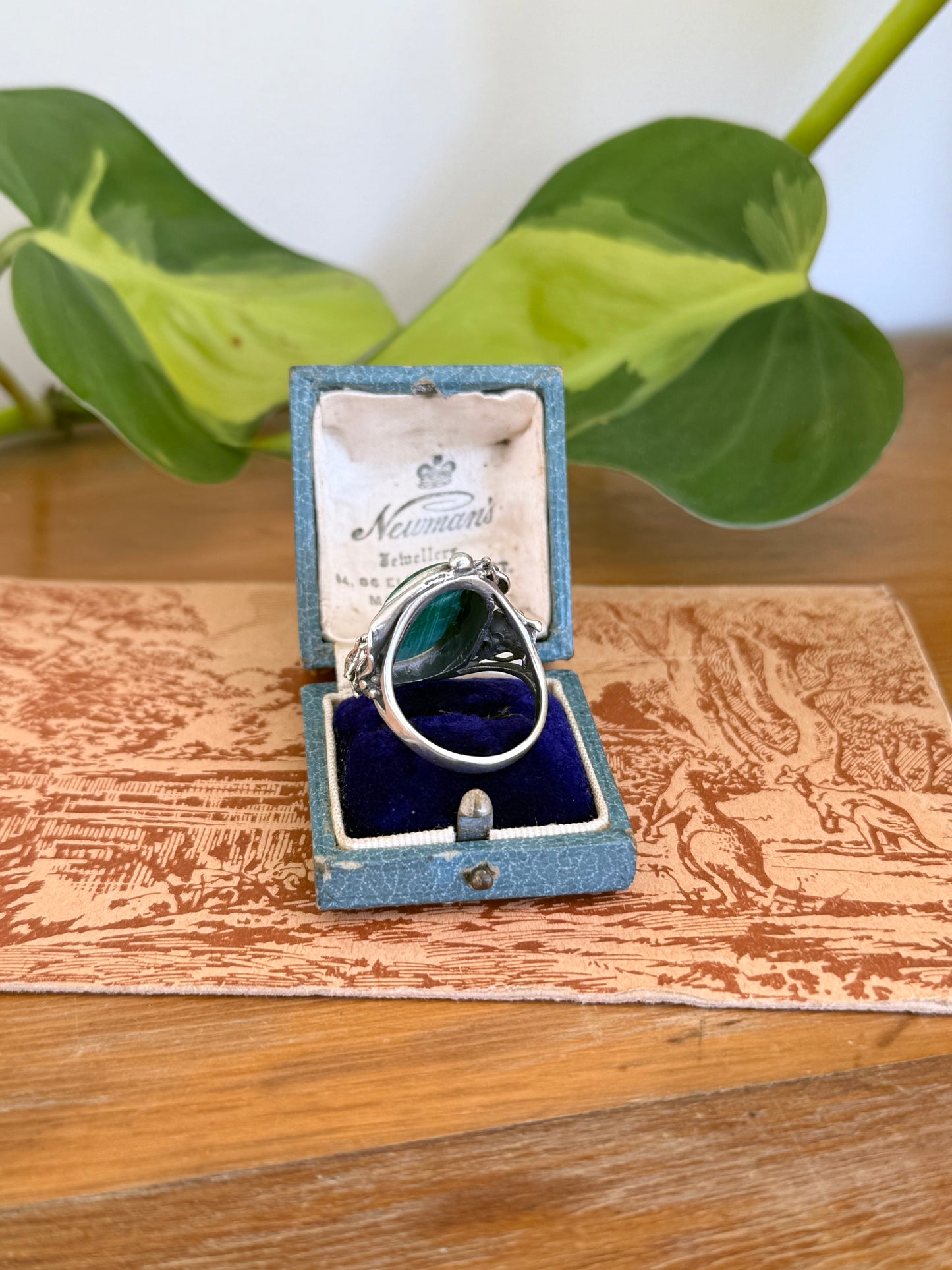 Art Nouveau Style Malachite Floral Ring in Sterling Silver – Size R