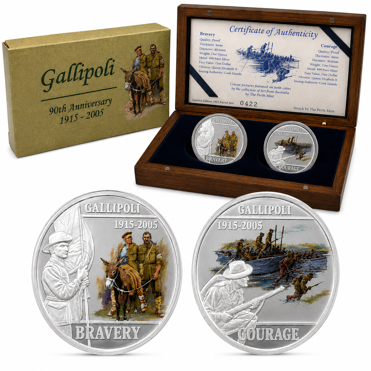 Australia 2005 Perth Mint $1 Gallipoli 90th Anniversary 2 x 1oz Silver Proof Coin Set