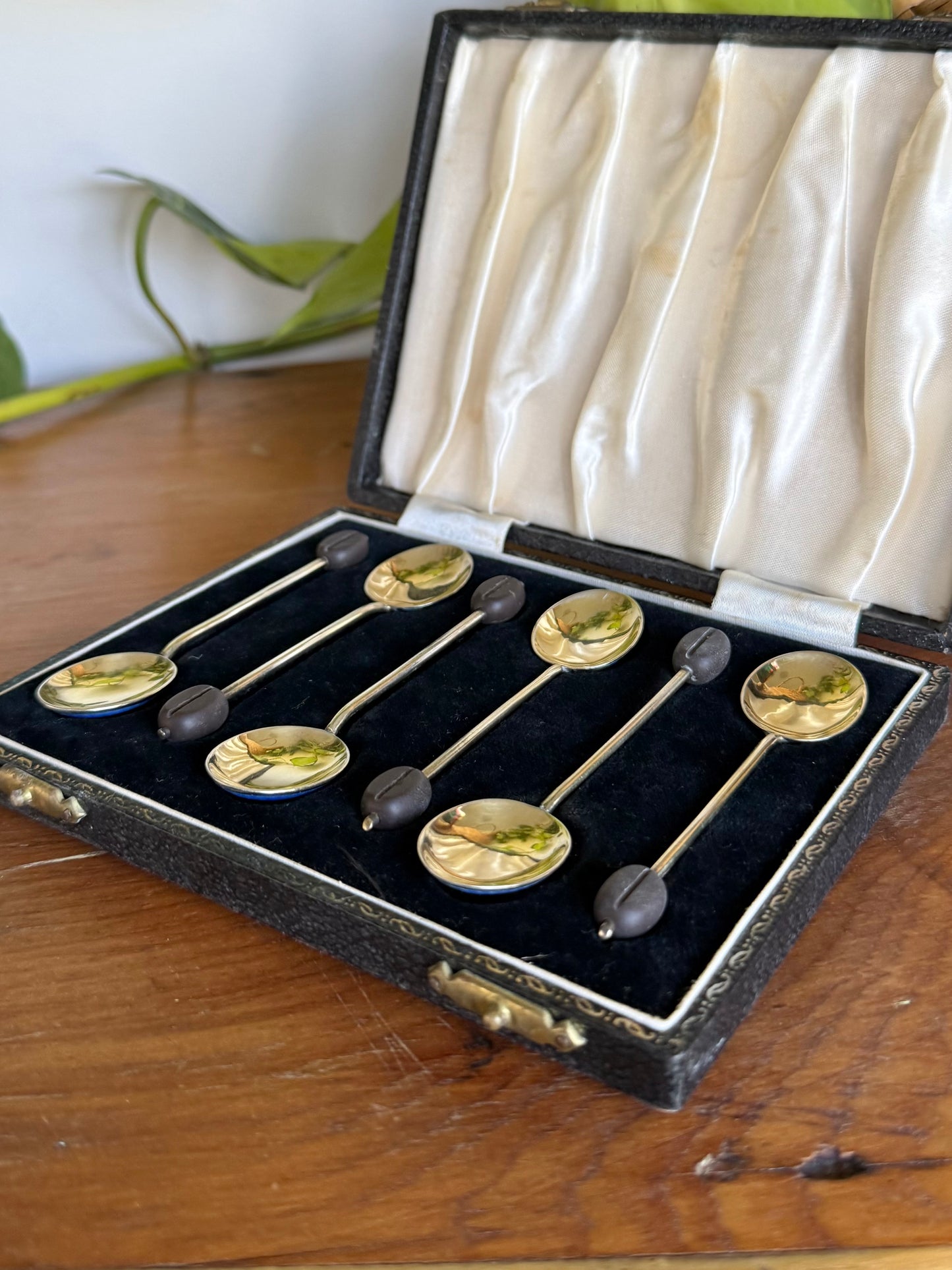 Antique Guilloché Enamel Sterling Silver Coffee Bean Spoon Set | Birmingham 1940