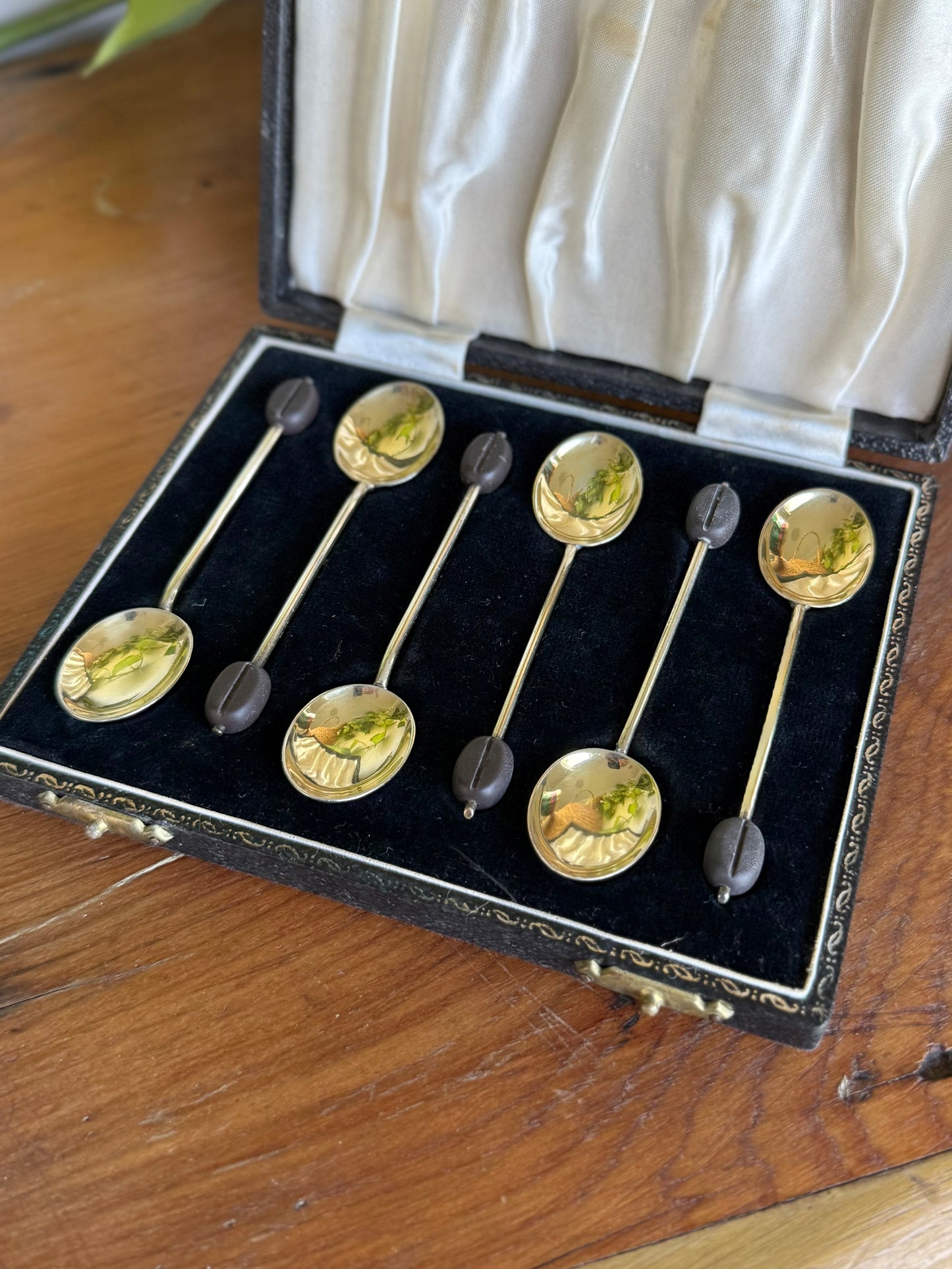 Antique Guilloché Enamel Sterling Silver Coffee Bean Spoon Set | Birmingham 1940