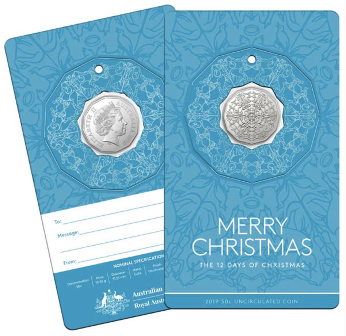 2019 Royal Australian Mint 12 Days of Christmas 5 Coin 50 Cent Set