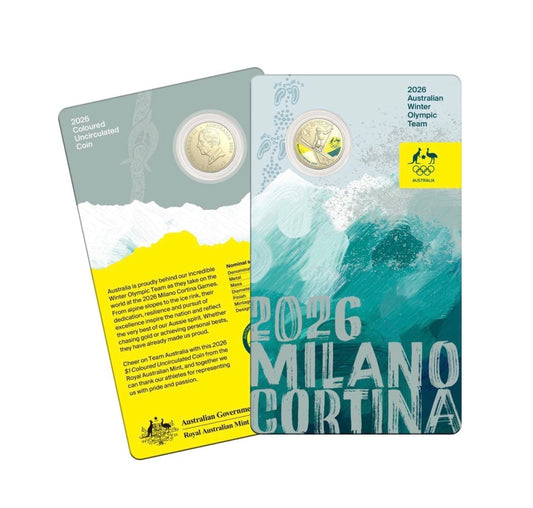 2026 Royal Australian Mint Australian Winter Olympic Team Milano Cortina $1 Coloured Uncirculated Coin on Card