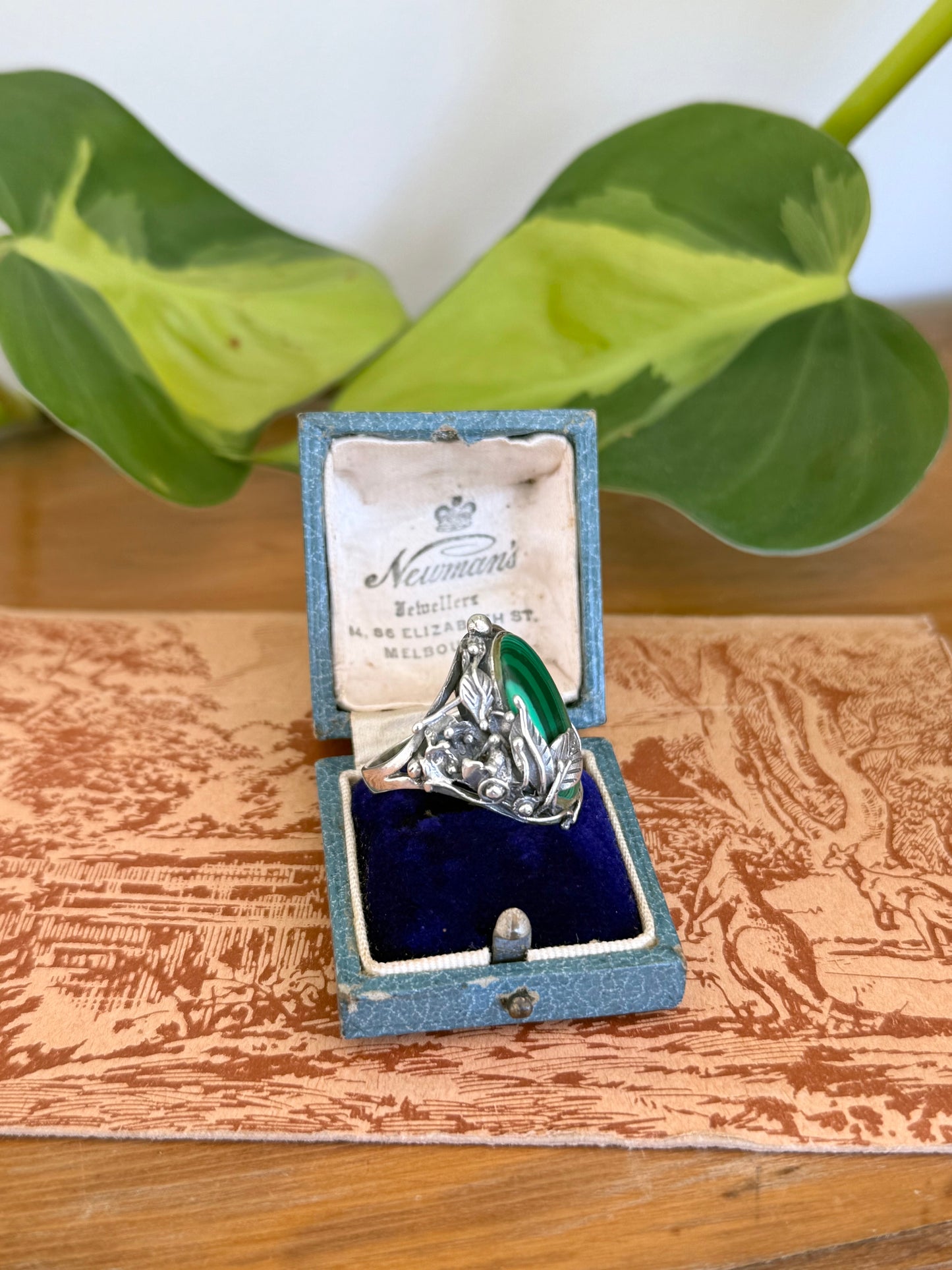 Art Nouveau Style Malachite Floral Ring in Sterling Silver – Size R